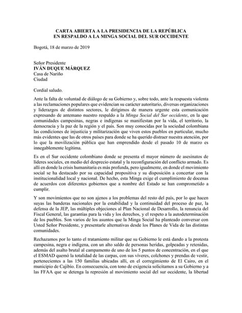 Carta A Duque De La Minga En El Cauca Pdf