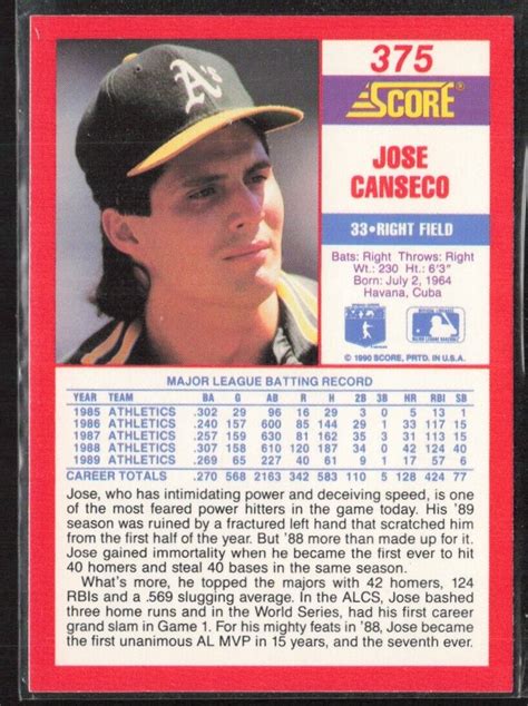 1990 Score 375 Jose Canseco Oakland Athletics EBay