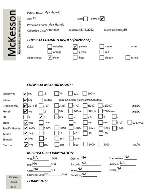 Urinalysis Report Form Completed Patient Name Age Physicians Name