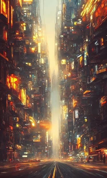 Calles De La Ciudad De Cyberpunk Casas Brillantes Y Ventanas De Rascacielos De Una Ciudad