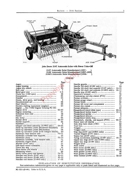 John Deere 214 Series Balers 214t 214w 214ws Parts Catalog Pc551 01jun64