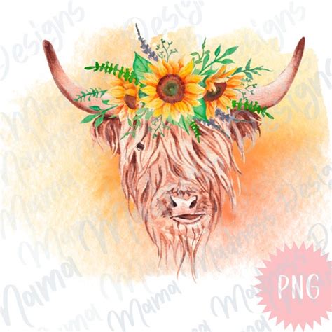 Highland Cow Sublimation Design Download Sunflower Highland Etsy