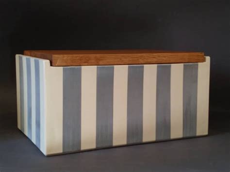 Large Ceramic Bread Bin With Wooden Lid Gray Stripes Decor Bread Bin