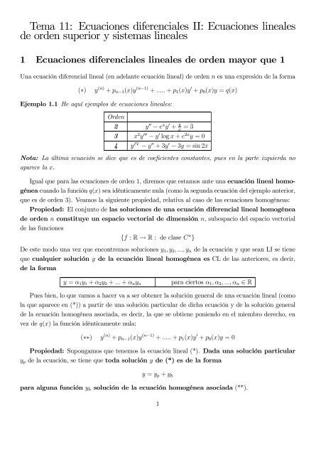 Tema Ecuaciones Diferenciales Ii Ecuaciones Lineales De Orden