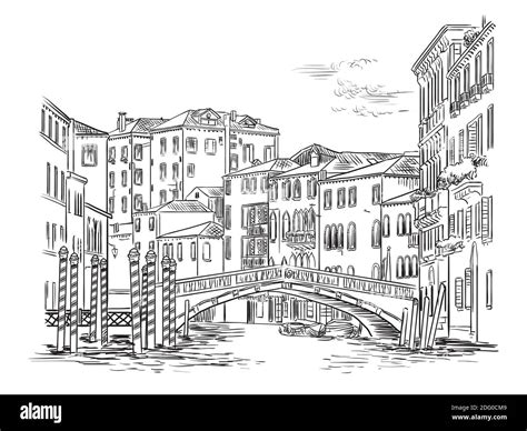 Vector hand drawing illustration of bridge on canal in Venice. Venice ...