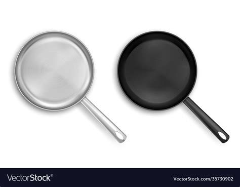 Metal And Black Nonstick Frying Pans Top View Vector Image