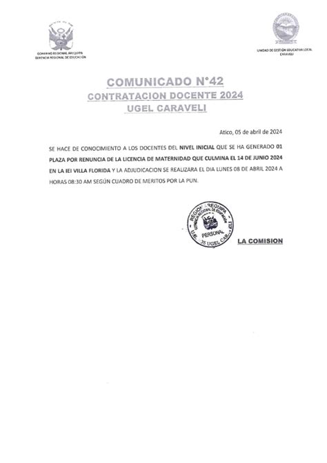 COMUNICADO 42 PLAZA DE NIVEL INICIAL POR LICENCIA UGEL CRAVELI