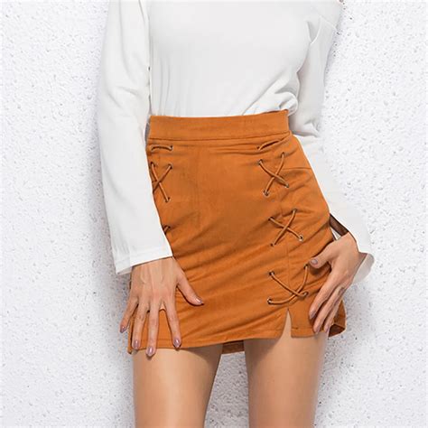 Gaoke Lace Up Leather Suede Pencil Skirt Winter 2018 Cross High Waist Skirt Zipper Split Bodycon