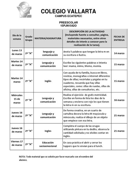 Tareas Segundo Grado Del 13 Al 17 De Marzo Pdf