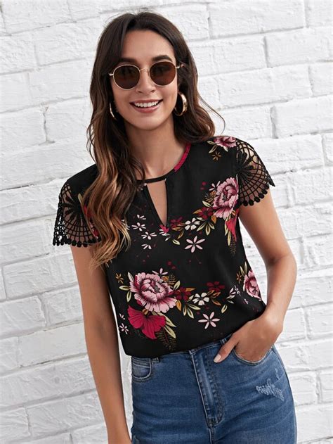 Shein Clasi Keyhole Neck Guipure Lace Sleeve Floral Top Shein Usa