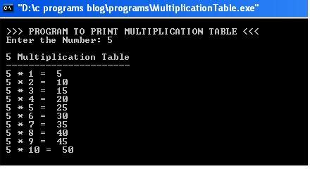 C Program To Print Multiplication Table