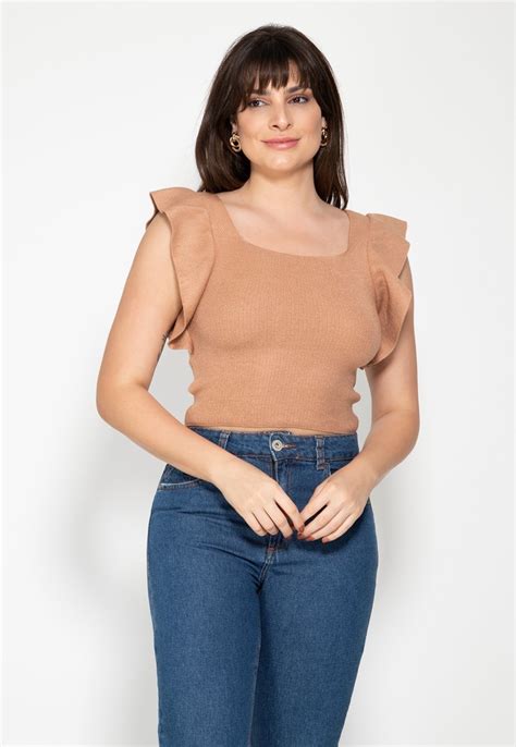 Blusa Regata Babado na Alça de Tricô Pink Tricot Romântica Feminina