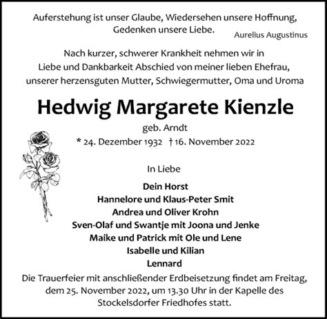 Traueranzeigen Von Hedwig Margarete Kienzle Trauer Anzeigen De