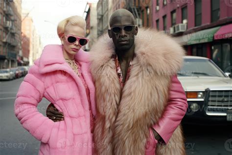 Ai Generated A Gangster In A Pink Fur Coat And A Prostitute In A Back Alley On A City Street