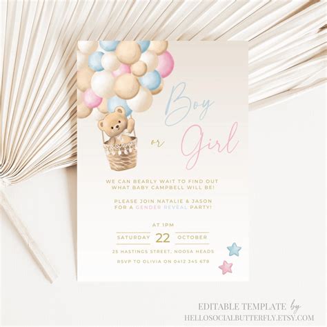 Teddy Bear Gender Reveal Invitation We Can Bearly Wait Invite Pink Or