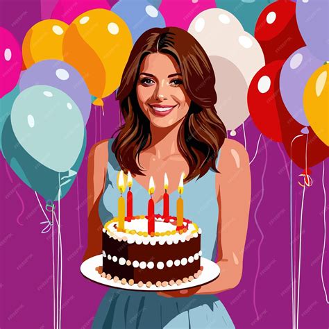 Premium Vector Smiling Woman Celebrating Birthday With Cake And