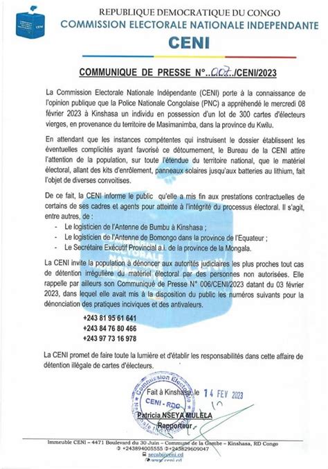 Ceni RDC on Twitter COMMUNIQUÉ DE PRESSE N007 CENI 2023 Relatif