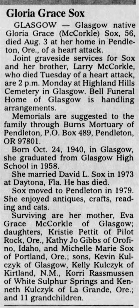 Gloria Grace McCorkle Sox (1940-1997) - Mémorial Find a Grave
