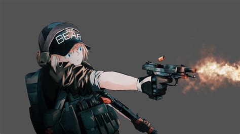 Safebooru 1girl Aks 74u Assault Rifle Baseball Cap Blonde Hair Blue