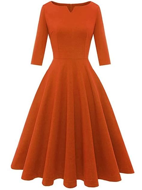 Women S Dresses Solid Color Three Quarters Sleeves Midi Swing Dresses