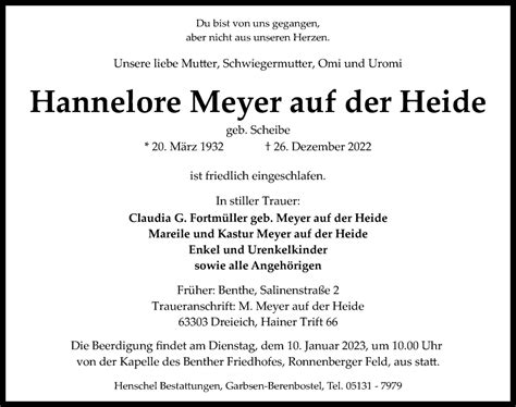 Traueranzeigen Von Hannelore Meyer Auf Der Heide Trauer Anzeigen De