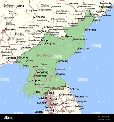 Map Of North Korea Shows Country Borders Urban Areas Place Names And