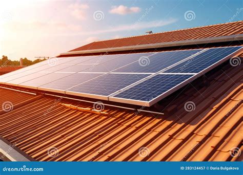 Roof Of Solar Panels View Of Solar Cell In The Roof House With Sunlight The Concept Of Modern