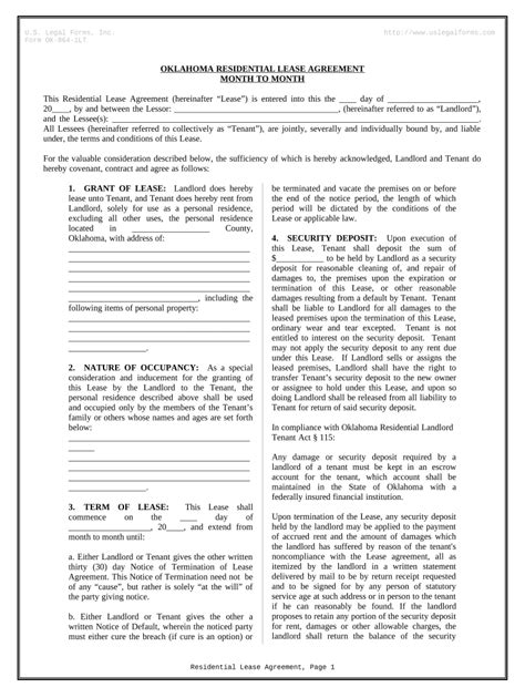 Residential Lease Or Rental Agreement For Month To Month Oklahoma Doc Template Pdffiller