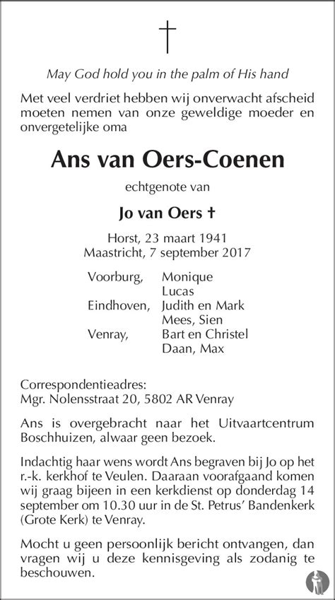 Ans Van Oers Coenen 07 09 2017 Overlijdensbericht En Condoleances