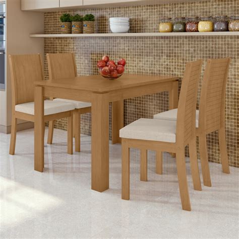 Conjunto Sala De Jantar Mesa E 04 Cadeiras Athenas Amêndoa Clean linho