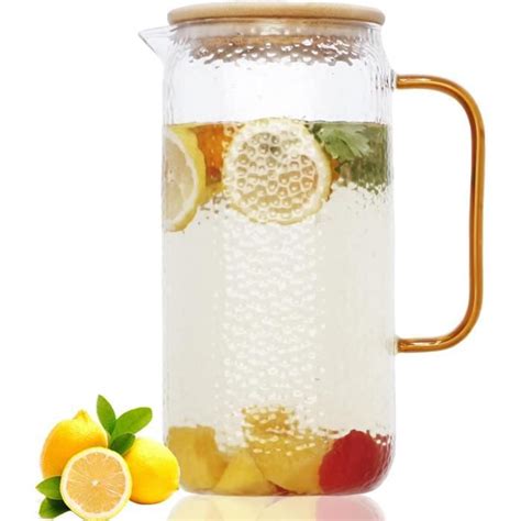 Pichet En Verre De 2L Avec Couvercle En Bambou Large Ouverture Pour