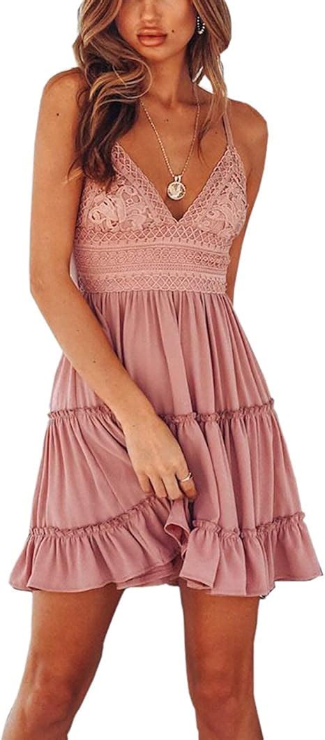 Womens Mini Spaghetti Straps Sexy Beach Sundress Ruffle Drawstring Deep