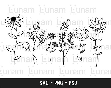 Wildflowers Svg Floral Svg Wild Flower Svg Flower Sketch Etsy