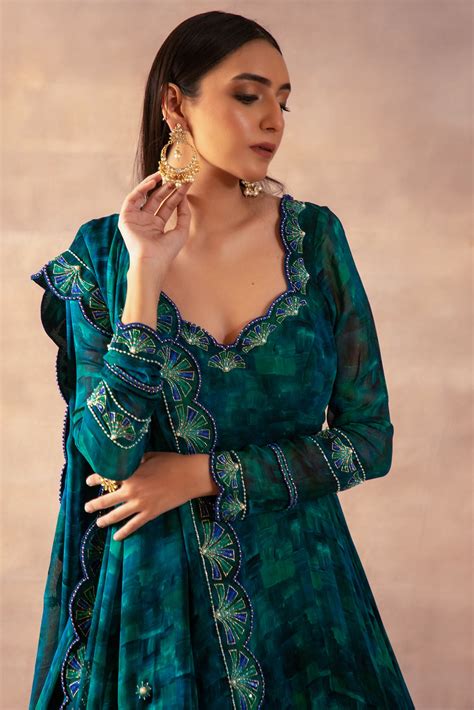 Emerald Green Georgette Digital Printed And Bead Embroidered Anarkali Set