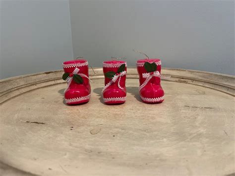 Vintage Santa Boot Ornaments Set Of 3 Red And White Etsy