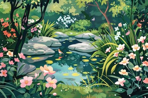 Serene Garden With Blooming Flowers Premium Ai Generated Image