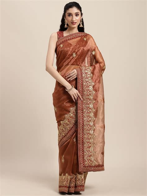 Buy Tikhi Imli Brown Ethnic Motifs Embroidered Sequin Organza Saree