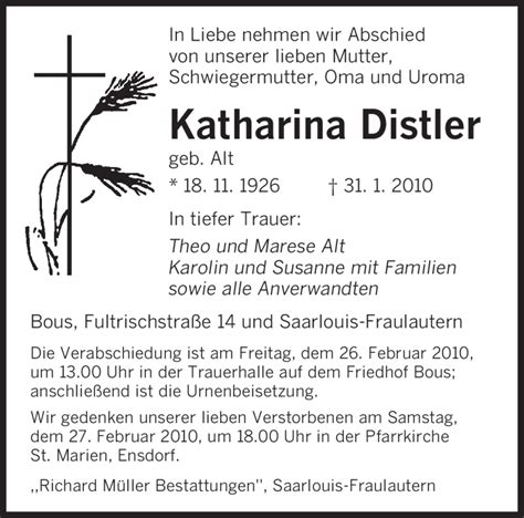 Traueranzeigen Von Katharina Distler Saarbruecker Zeitung Trauer De