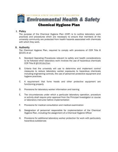 Chemical Hygiene Plan Environmental Health Safety California