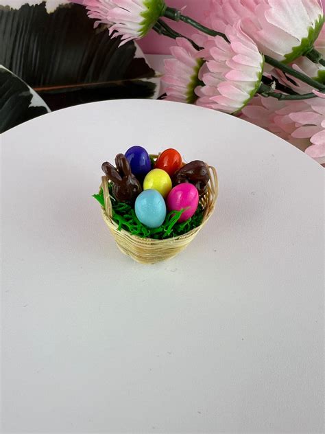 Miniature Easter Basket With Polymer Clay Eggs Chocolate Bunny And C