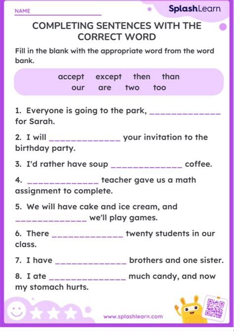 Completing Sentences With The Correct Word — Printable Ela Worksheet