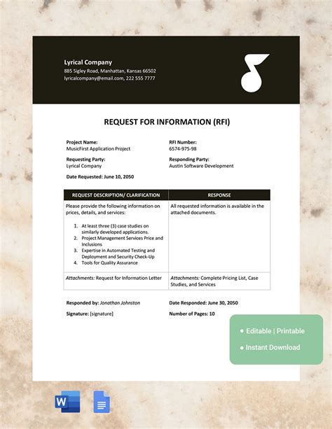 Software Request For Information Template Google Docs Word