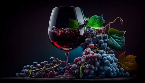 Copo De Vinho Tinto E Cacho De Uvas Em Backgroundgenerative Ai Preto