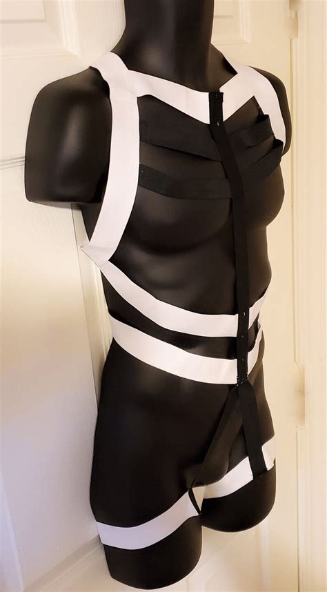 Men S White On Black Elastic Body Chest Harness Cage With Etsy