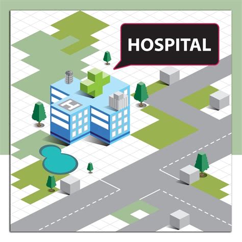 Diseño del mapa vectorial isométrico del hospital Vector Premium