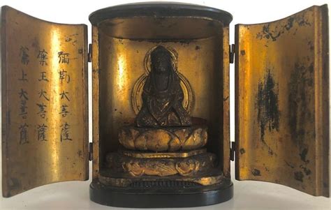 Buddhist Butsudan Signed Gilt Wooden Altar With Kannon