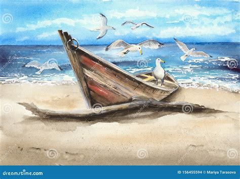 Watercolor Old Brown Fishing Boat on the Sandy Beach Stock Illustration ...