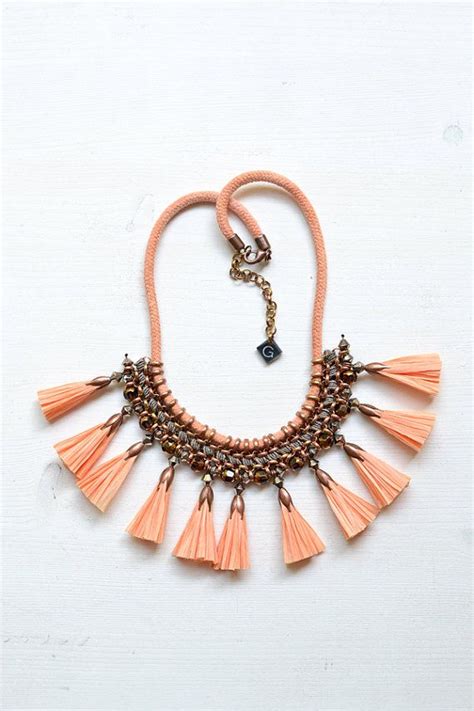 Apricot Raffia Tassel Necklace Statement Necklace Hand By Gudbling