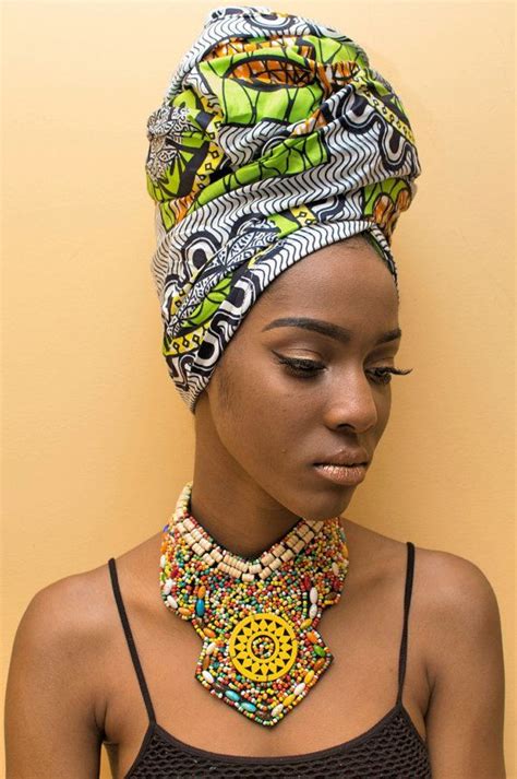 Black Cami Top With Beaded Pattern Necklace And Print Head Wrap Head