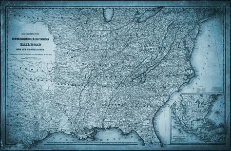 New Orleans Mobile And Chattanooga Railroad Vintage Map 1865 Blue